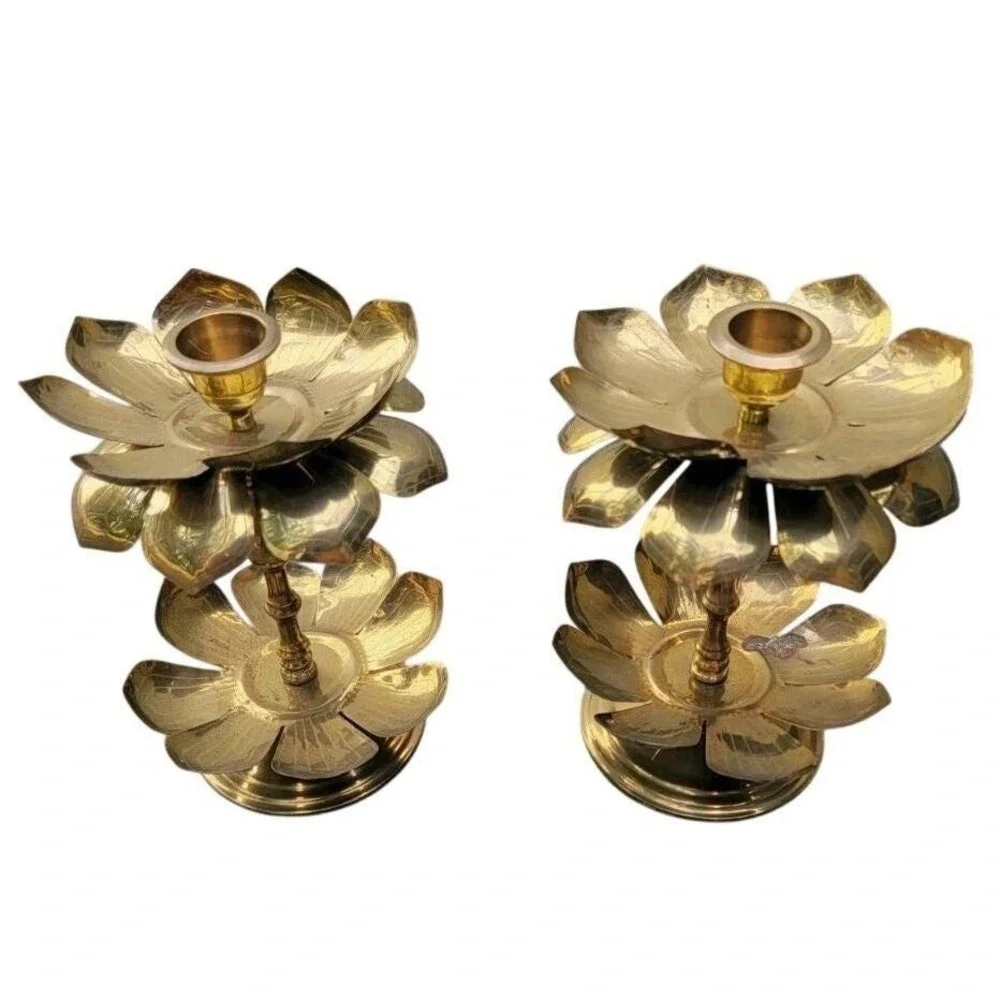 Pair of‎ VTG Brass Lotus Flower PARZINGER Style Candle Holder Hollywood Regency